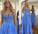 Sweetheart Neck Chiffon Lace Blue Long Prom Dress, Blue Long Graduation Dress HZ1024