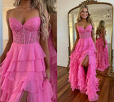 Sweetheart Neck Chiffon Lace Blue Long Prom Dress, Blue Long Graduation Dress HZ1024
