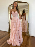 Sweetheart Neck Chiffon Lace Blue Long Prom Dress, Blue Long Graduation Dress HZ1024