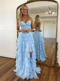 Sweetheart Neck Chiffon Lace Blue Long Prom Dress, Blue Long Graduation Dress HZ1024
