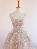 Light Champagne A-Line Tulle Sequin Applique Long Prom Dress Formal Evening Gowns HZ1024