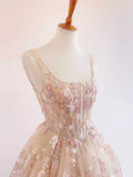 Light Champagne A-Line Tulle Sequin Applique Long Prom Dress Formal Evening Gowns HZ1024