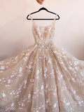 Light Champagne A-Line Tulle Sequin Applique Long Prom Dress Formal Evening Gowns HZ1024