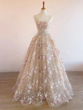 Light Champagne A-Line Tulle Sequin Applique Long Prom Dress Formal Evening Gowns HZ1024