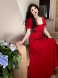 retro square neck waist slim print dress seaside holiday dress HZ1024