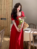 retro square neck waist slim print dress seaside holiday dress HZ1024
