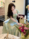 retro square neck waist slim print dress seaside holiday dress HZ1024