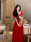 retro square neck waist slim print dress seaside holiday dress HZ1024