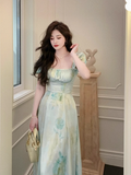 retro square neck waist slim print dress seaside holiday dress HZ1024