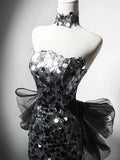Silver Mermaid Strapless Sequin Tulle Long Prom Dress Formal Evening Dress HZ1024
