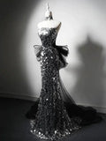 Silver Mermaid Strapless Sequin Tulle Long Prom Dress Formal Evening Dress HZ1024
