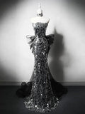 Silver Mermaid Strapless Sequin Tulle Long Prom Dress Formal Evening Dress HZ1024