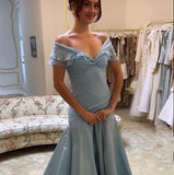 Blue A-Line Off-shoulder Long Prom Dresses Vintage Satin Chiffon Formal Evening Dresses HZ1024