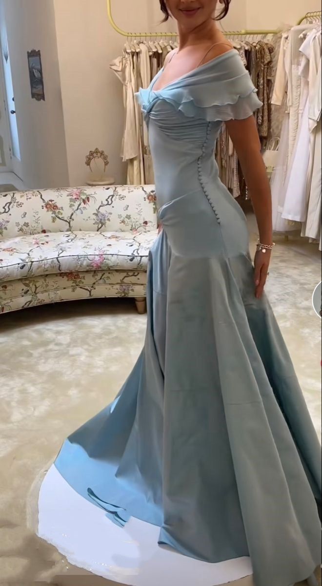 Blue A-Line Off-shoulder Long Prom Dresses Vintage Satin Chiffon Formal Evening Dresses HZ1024