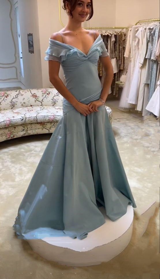 Blue A-Line Off-shoulder Long Prom Dresses Vintage Satin Chiffon Formal Evening Dresses HZ1024