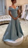 Blue A-Line Off-shoulder Long Prom Dresses Vintage Satin Chiffon Formal Evening Dresses HZ1024