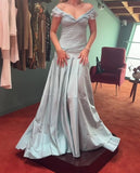 Blue A-Line Off-shoulder Long Prom Dresses Vintage Satin Chiffon Formal Evening Dresses HZ1024