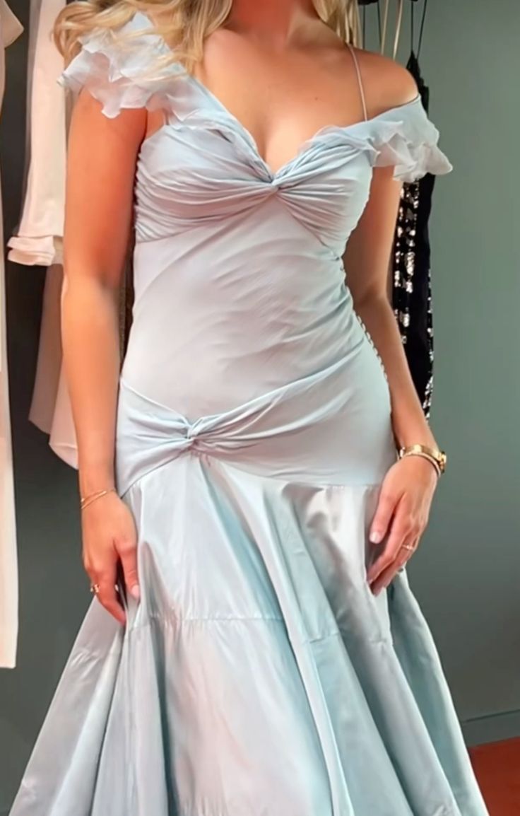 Blue A-Line Off-shoulder Long Prom Dresses Vintage Satin Chiffon Formal Evening Dresses HZ1024