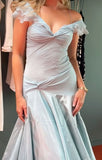 Blue A-Line Off-shoulder Long Prom Dresses Vintage Satin Chiffon Formal Evening Dresses HZ1024