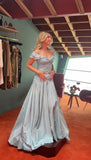 Blue A-Line Off-shoulder Long Prom Dresses Vintage Satin Chiffon Formal Evening Dresses HZ1024
