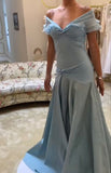Blue A-Line Off-shoulder Long Prom Dresses Vintage Satin Chiffon Formal Evening Dresses HZ1024