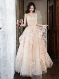 A-Line Tulle Sequins Long Prom Dress Embroidery Applique Formal Evening Dress HZ1024