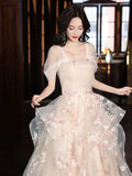 A-Line Tulle Sequins Long Prom Dress Embroidery Applique Formal Evening Dress HZ1024