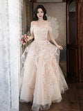 A-Line Tulle Sequins Long Prom Dress Embroidery Applique Formal Evening Dress HZ1024