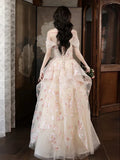 A-Line Tulle Sequins Long Prom Dress Embroidery Applique Formal Evening Dress HZ1024