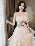 A-Line Tulle Sequins Long Prom Dress Embroidery Applique Formal Evening Dress HZ1024