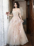 A-Line Tulle Sequins Long Prom Dress Embroidery Applique Formal Evening Dress HZ1024