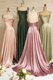 Strap A-Line Satin Simple Long Prom Dress Bridesmaid Dress HZ1024