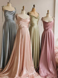 Strap A-Line Satin Simple Long Prom Dress Bridesmaid Dress HZ1024