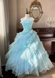 Sky Blue A-Line Strapless Tulle Beaded Long Prom Dress Sequined Layered Adult Ceremony Dress HZ1024