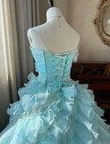 Sky Blue A-Line Strapless Tulle Beaded Long Prom Dress Sequined Layered Adult Ceremony Dress HZ1024