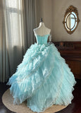 Sky Blue A-Line Strapless Tulle Beaded Long Prom Dress Sequined Layered Adult Ceremony Dress HZ1024