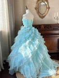 Sky Blue A-Line Strapless Tulle Beaded Long Prom Dress Sequined Layered Adult Ceremony Dress HZ1024