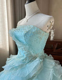 Sky Blue A-Line Strapless Tulle Beaded Long Prom Dress Sequined Layered Adult Ceremony Dress HZ1024