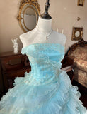 Sky Blue A-Line Strapless Tulle Beaded Long Prom Dress Sequined Layered Adult Ceremony Dress HZ1024