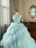 Sky Blue A-Line Strapless Tulle Beaded Long Prom Dress Sequined Layered Adult Ceremony Dress HZ1024