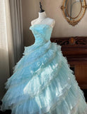 Sky Blue A-Line Strapless Tulle Beaded Long Prom Dress Sequined Layered Adult Ceremony Dress HZ1024