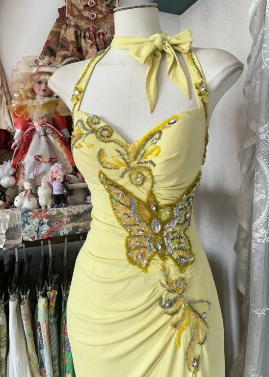 Yellow Mermaid Formal Dresses Halter Sequin Diamond Long Prom Dress Birthday Party Outfit HZ1024