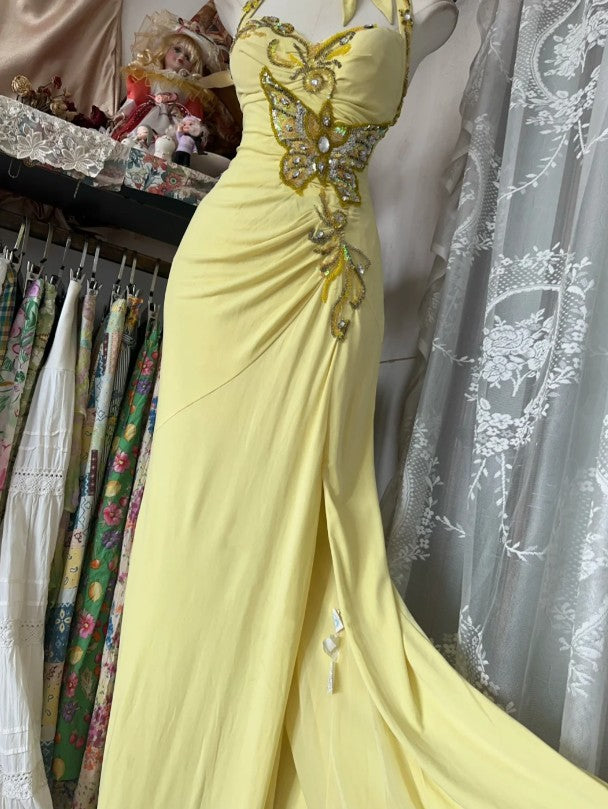 Yellow Mermaid Formal Dresses Halter Sequin Diamond Long Prom Dress Birthday Party Outfit HZ1024