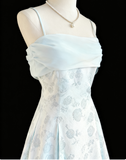 Blue A-Line Spaghetti Strap Satin Chiffon Long Prom Dress Birthday Dress Graduation Prom Dress HZ1024