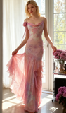 Pink Spaghetti Strap Mermaid Party Dresses Fairytale Chiffon Beaded Long Prom Dresses HZ1024