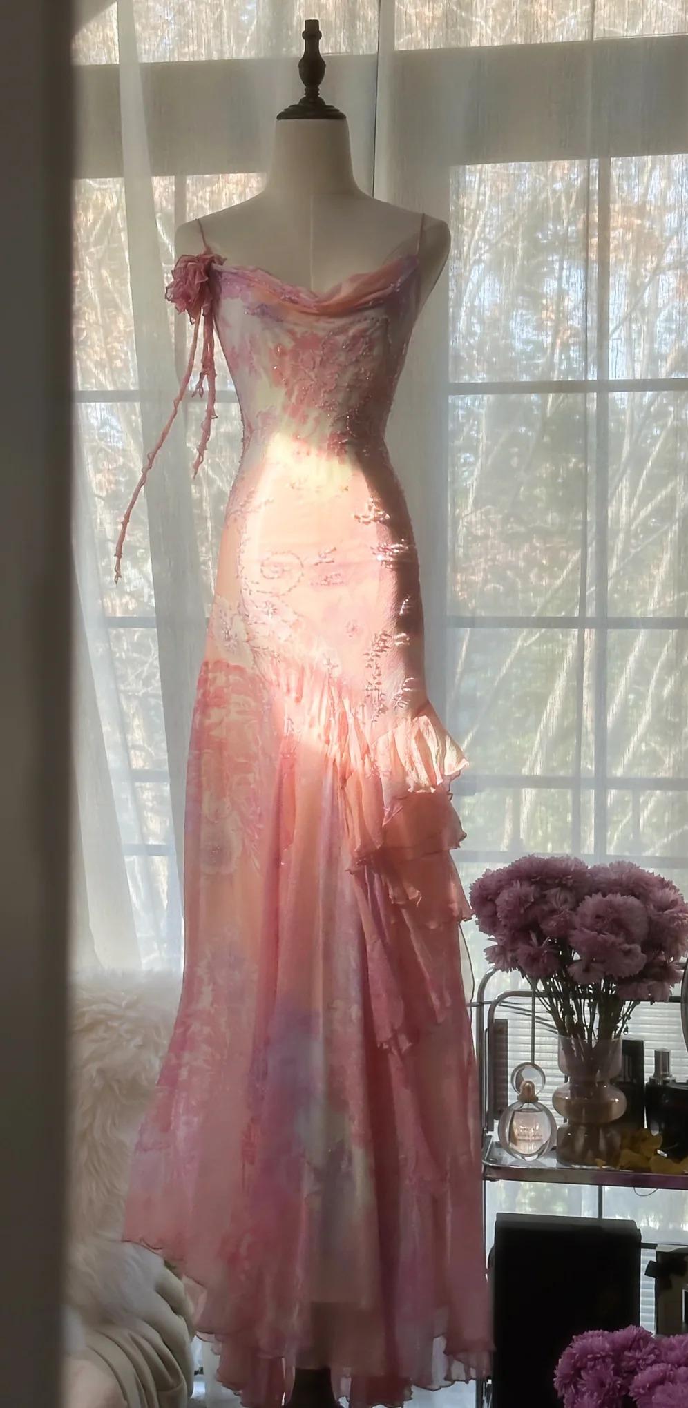 Pink Spaghetti Strap Mermaid Party Dresses Fairytale Chiffon Beaded Long Prom Dresses HZ1024