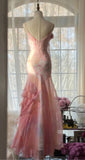 Pink Spaghetti Strap Mermaid Party Dresses Fairytale Chiffon Beaded Long Prom Dresses HZ1024