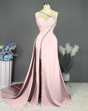 Pink Long One Shoulder Sleeveless Prom Dress Long Slit Online HZ1024