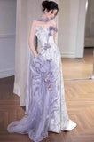 Purple Mermaid Strapless Satin Tulle Long Prom Dress Applique Evening Gown HZ1024