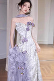 Purple Mermaid Strapless Satin Tulle Long Prom Dress Applique Evening Gown HZ1024